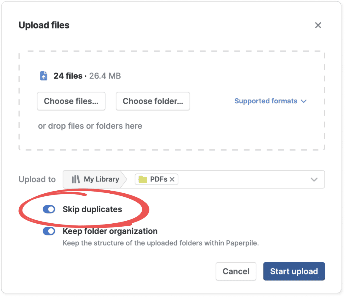 The Upload files dialog with 24 files totalling 26.4 MB queued, and the “Skip duplicates” toggle circled in the on position above “Keep folder organization”.